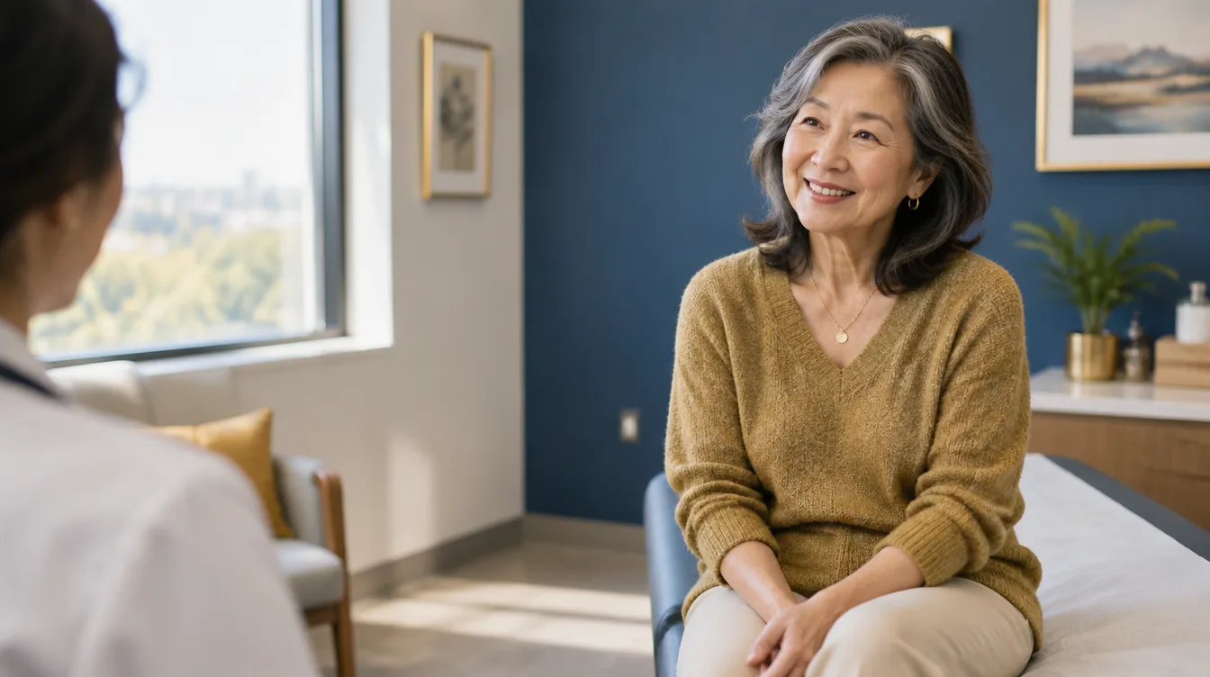 A smiling patient talking with her clinician in a bright exam room