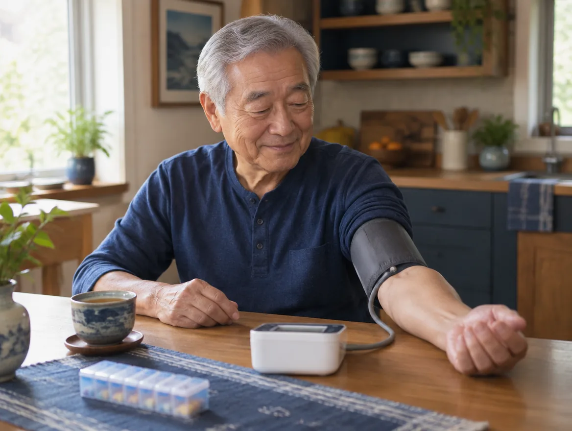 A patient checking his blood pressure at home